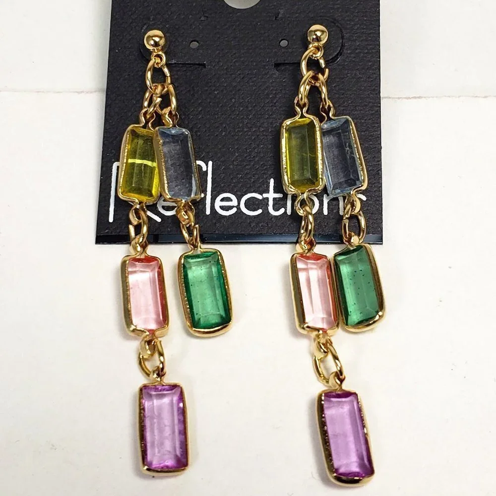 Gold tone Chain Drop Earrings Multicolor Crystal Dangles Stylish Women's Jewelry